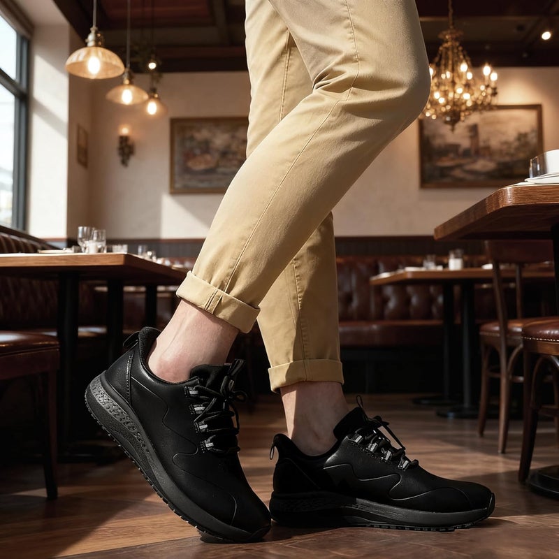 Delobi Store Black Non Slip Work Shoes for Women, Slip-On Waterproof Leather Sneakers for Kitchen Chef Restaurant Food Service Nursing, Comfortable Slip Resistant Walking Shoe Size 6-11 - Image 5